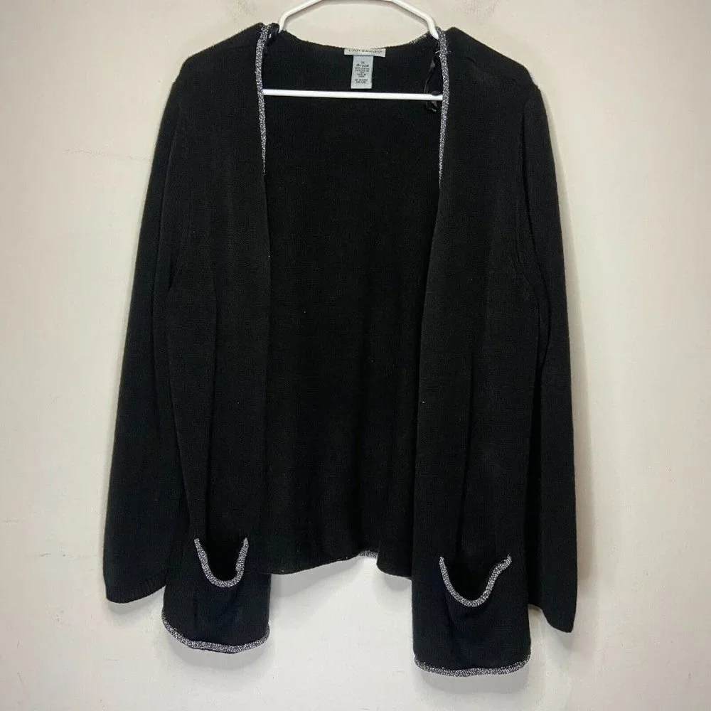 Catherines Women Plus 1X Open Front Cardigan Sweater Black Metallic Trim Knit - Picture 1 of 8
